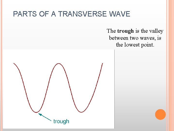PARTS OF A TRANSVERSE WAVE The trough is the valley between two waves, is