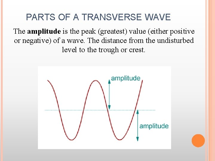 PARTS OF A TRANSVERSE WAVE The amplitude is the peak (greatest) value (either positive