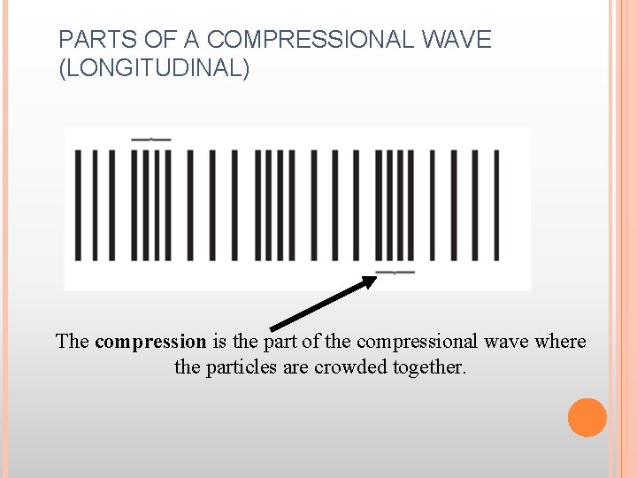 PARTS OF A COMPRESSIONAL WAVE (LONGITUDINAL) The compression is the part of the compressional