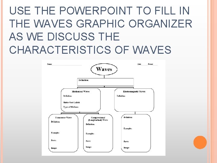 USE THE POWERPOINT TO FILL IN THE WAVES GRAPHIC ORGANIZER AS WE DISCUSS THE