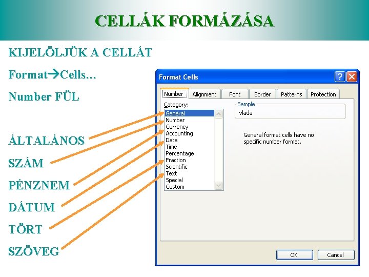 CELLÁK FORMÁZÁSA KIJELÖLJÜK A CELLÁT Format Cells… Number FÜL ÁLTALÁNOS SZÁM PÉNZNEM DÁTUM TÖRT