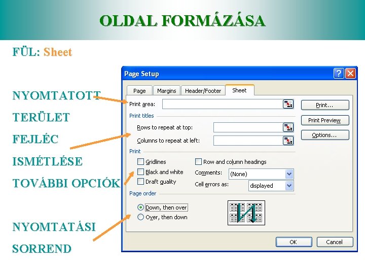 OLDAL FORMÁZÁSA FÜL: Sheet NYOMTATOTT TERÜLET FEJLÉC ISMÉTLÉSE TOVÁBBI OPCIÓK NYOMTATÁSI SORREND 