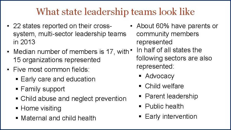 What state leadership teams look like • • 22 states reported on their crosssystem,