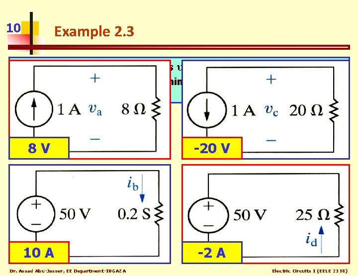 10 Example 2. 3 In each of the following circuits υ or i is