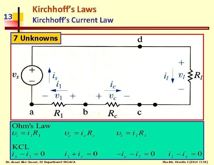 13 Kirchhoff’s Laws Kirchhoff’s Current Law 7 Unknowns The algebraic sum of all currents