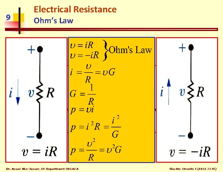 9 Electrical Resistance Ohm’s Law Dr. Assad Abu-Jasser, EE Department-IUGAZA Electric Circuits I (EELE