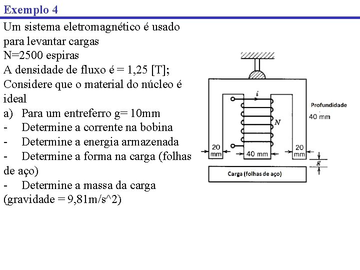 Exemplo 4 Um sistema eletromagnético é usado para levantar cargas N=2500 espiras A densidade