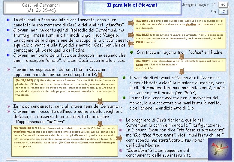 Gesù nel Getsemani (Mt. 26, 36 -46) Il parallelo di Giovanni In Giovanni la