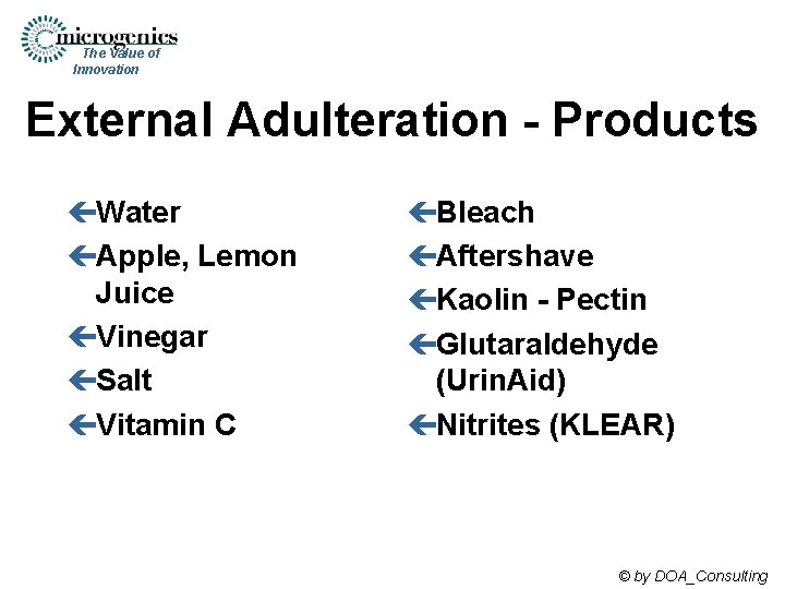 The Value of Innovation External Adulteration - Products çWater çApple, Lemon Juice çVinegar çSalt