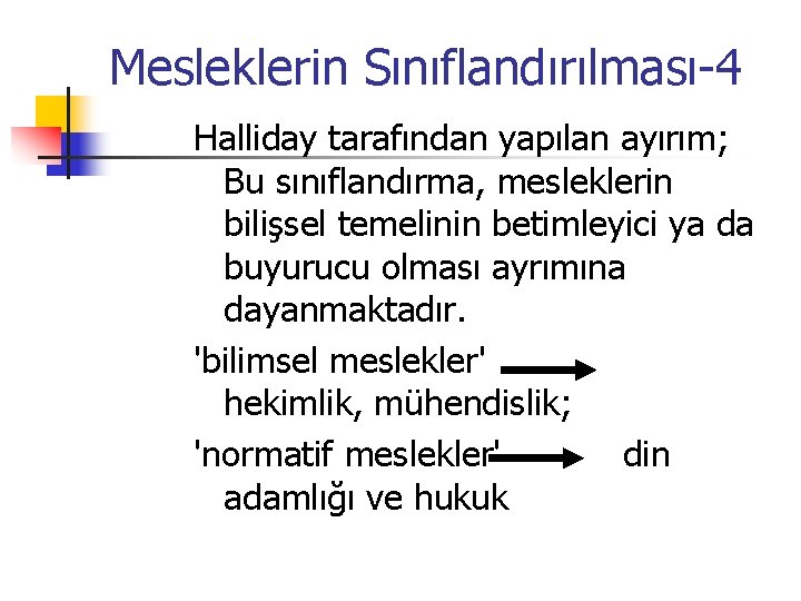 Mesleklerin Sınıflandırılması-4 Halliday tarafından yapılan ayırım; Bu sınıflandırma, mesleklerin bilişsel temelinin betimleyici ya da