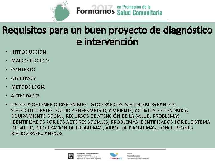 Requisitos para un buen proyecto de diagnóstico e intervención • INTRODUCCIÓN • MARCO TEÓRICO