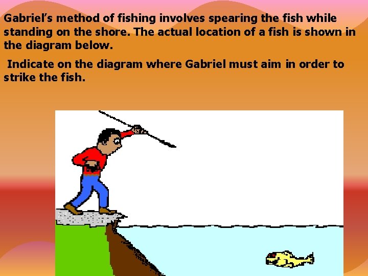 Gabriel’s method of fishing involves spearing the fish while standing on the shore. The