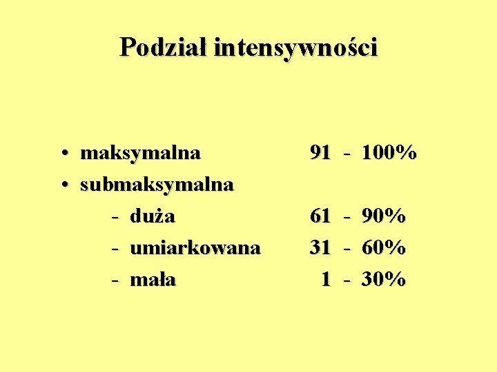 Podział intensywności • maksymalna • submaksymalna - duża - umiarkowana - mała 91 -