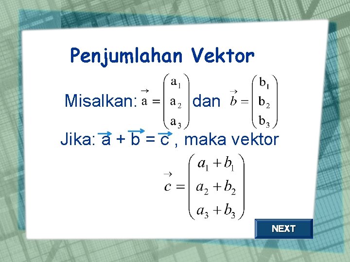 Penjumlahan Vektor Misalkan: dan Jika: a + b = c , maka vektor NEXT