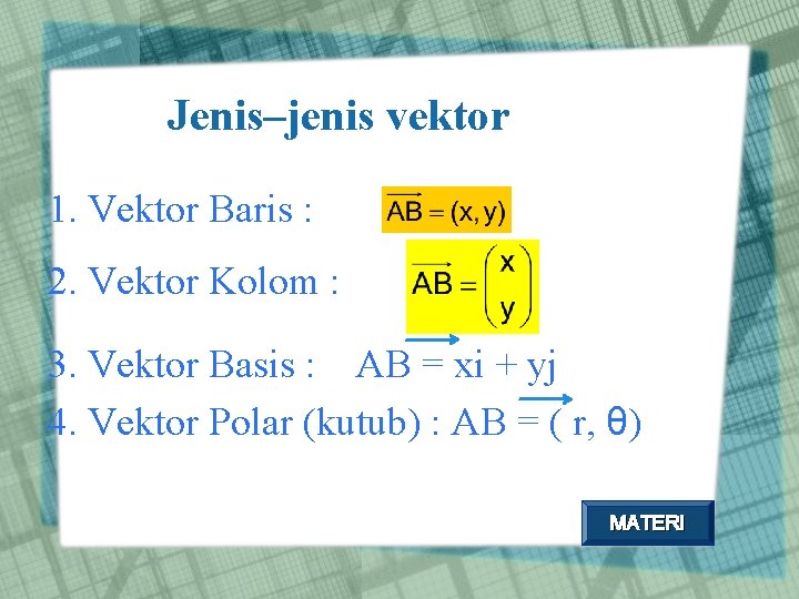 Jenis–jenis vektor 1. Vektor Baris : 2. Vektor Kolom : 3. Vektor Basis :