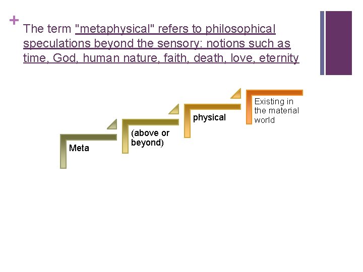 + The term "metaphysical" refers to philosophical speculations beyond the sensory: notions such as