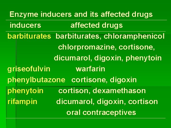 Enzyme inducers and its affected drugs inducers affected drugs barbiturates, chloramphenicol chlorpromazine, cortisone, dicumarol,