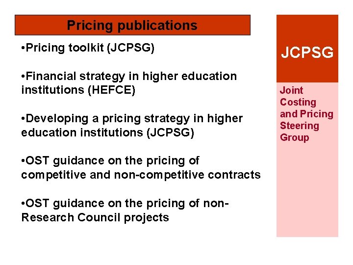 Pricing publications • Pricing toolkit (JCPSG) • Financial strategy in higher education institutions (HEFCE)