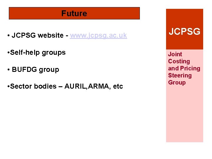 Future • JCPSG website - www. jcpsg. ac. uk • Self-help groups • BUFDG