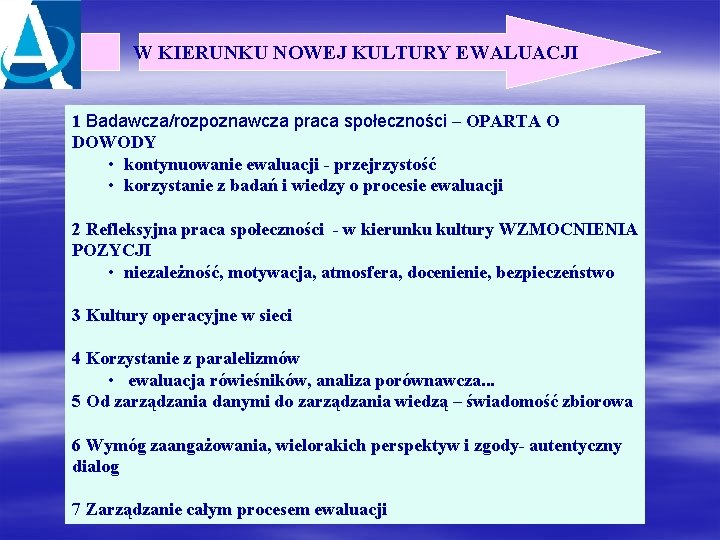 W KIERUNKU NOWEJ KULTURY EWALUACJI 1 Badawcza/rozpoznawcza praca społeczności – OPARTA O DOWODY •