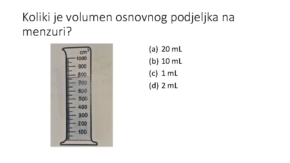 Koliki je volumen osnovnog podjeljka na menzuri? (a) 20 m. L (b) 10 m.