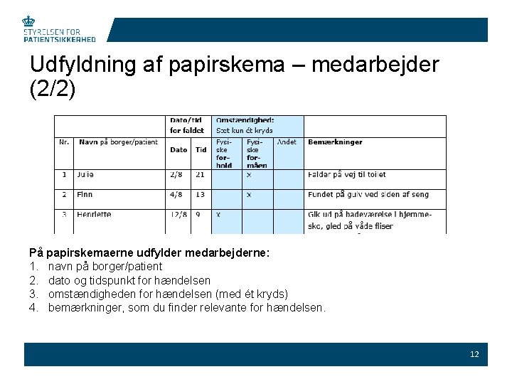 Udfyldning af papirskema – medarbejder (2/2) På papirskemaerne udfylder medarbejderne: 1. navn på borger/patient