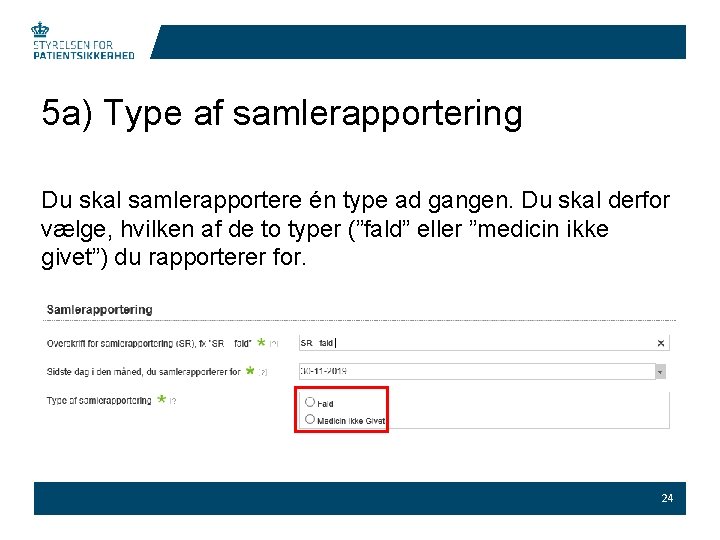 5 a) Type af samlerapportering Du skal samlerapportere én type ad gangen. Du skal