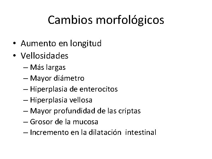 Cambios morfológicos • Aumento en longitud • Vellosidades – Más largas – Mayor diámetro Cambios morfológicos • Aumento en longitud • Vellosidades – Más largas – Mayor diámetro