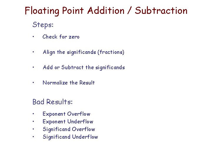 Floating Point Addition / Subtraction Steps: • Check for zero • Align the significands