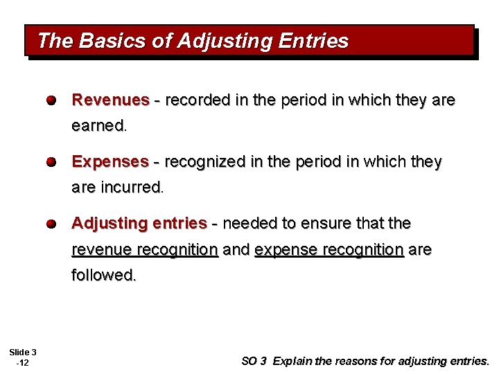 The Basics of Adjusting Entries Revenues - recorded in the period in which they