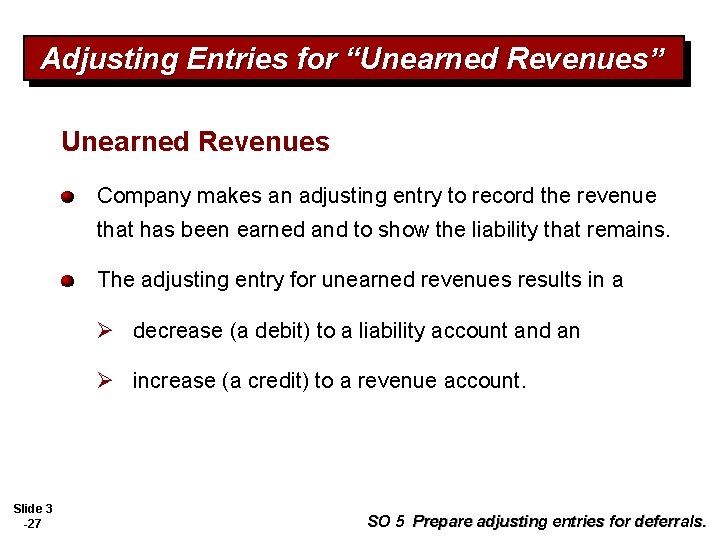 Adjusting Entries for “Unearned Revenues” Unearned Revenues Company makes an adjusting entry to record