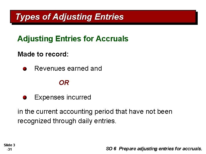 Types of Adjusting Entries for Accruals Made to record: Revenues earned and OR Expenses