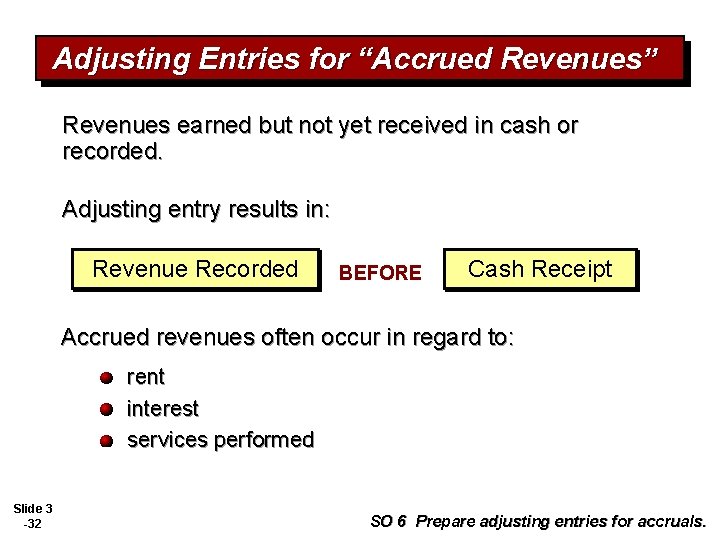 Adjusting Entries for “Accrued Revenues” Revenues earned but not yet received in cash or