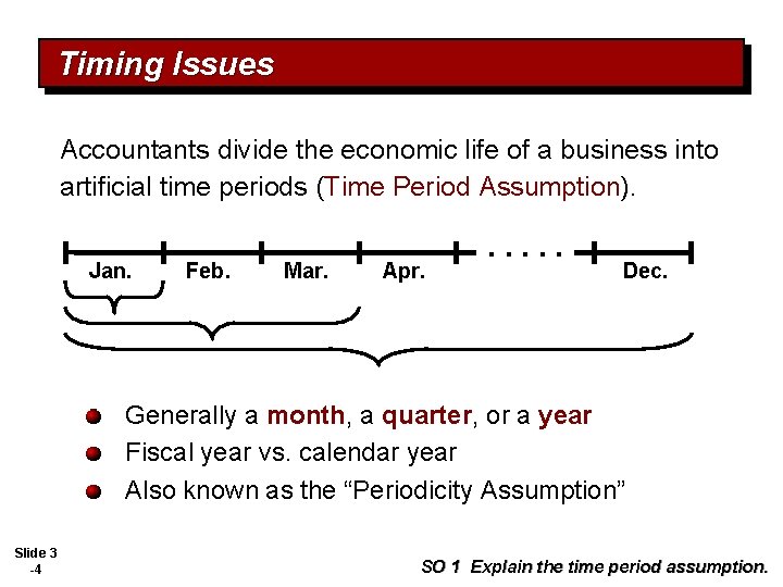 Timing Issues Accountants divide the economic life of a business into artificial time periods