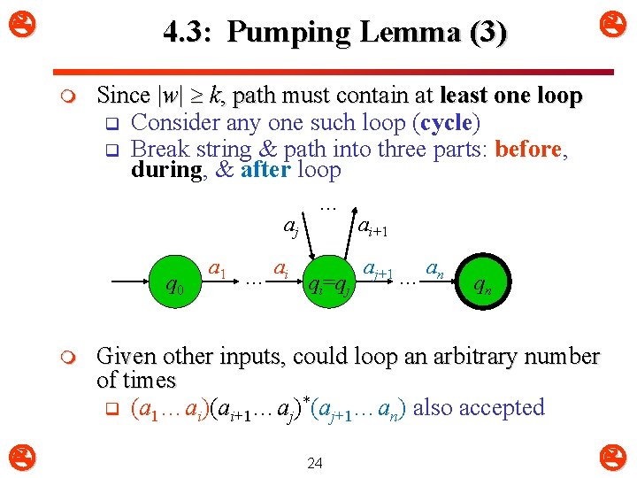 4. 3: Pumping Lemma (3) m Since |w| k, path must contain at 4. 3: Pumping Lemma (3) m Since |w| k, path must contain at