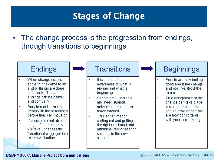 Stages of Change • The change process is the progression from endings, through transitions
