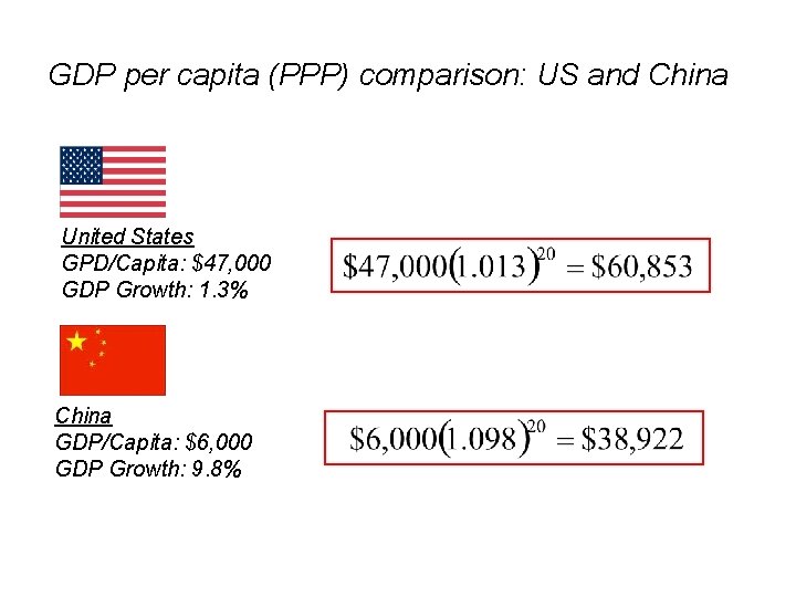 GDP per capita (PPP) comparison: US and China United States GPD/Capita: $47, 000 GDP