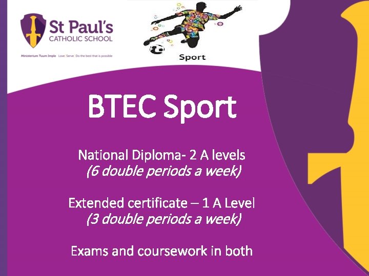 BTEC Sport National Diploma- 2 A levels (6 double periods a week) Extended certificate