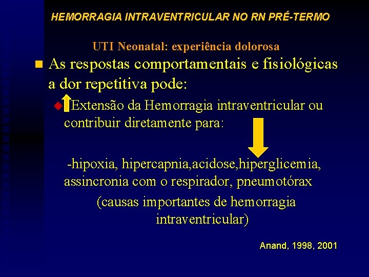 HEMORRAGIA INTRAVENTRICULAR NO RN PRÉ-TERMO UTI Neonatal: experiência dolorosa n As respostas comportamentais e