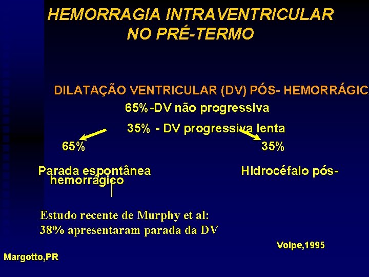 HEMORRAGIA INTRAVENTRICULAR NO PRÉ-TERMO DILATAÇÃO VENTRICULAR (DV) PÓS- HEMORRÁGICA HEMORRÁGIC 65%-DV não progressiva 65%