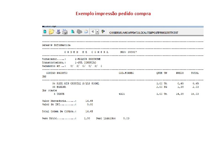 Exemplo impressão pedido compra 