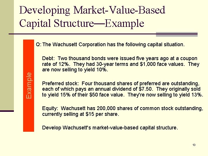 Developing Market-Value-Based Capital Structure—Example Q: The Wachusett Corporation has the following capital situation. Debt: