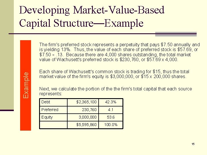 Developing Market-Value-Based Capital Structure—Example The firm's preferred stock represents a perpetuity that pays $7.