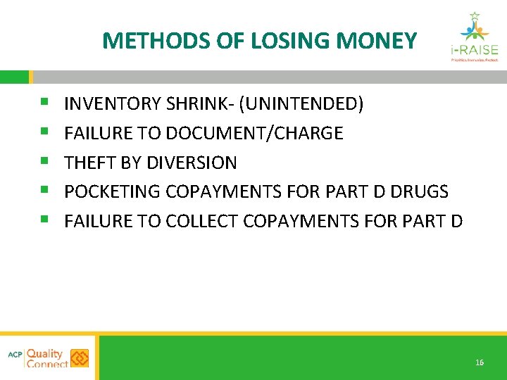 METHODS OF LOSING MONEY § § § INVENTORY SHRINK- (UNINTENDED) FAILURE TO DOCUMENT/CHARGE THEFT