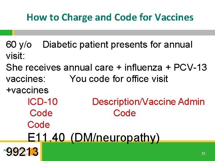 How to Charge and Code for Vaccines 60 y/o Diabetic patient presents for annual