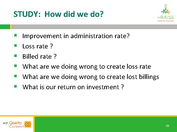 STUDY: How did we do? § § § Improvement in administration rate? Loss rate