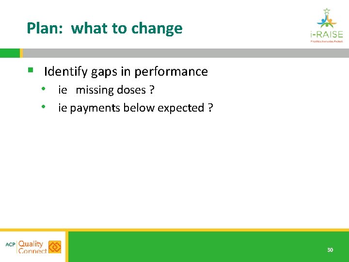 Plan: what to change § Identify gaps in performance • ie missing doses ?
