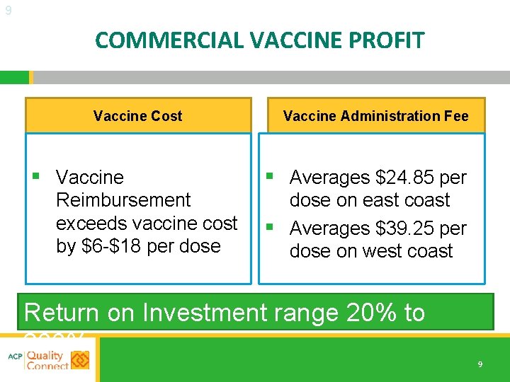 9 COMMERCIAL VACCINE PROFIT Vaccine Cost § Vaccine Reimbursement exceeds vaccine cost by $6