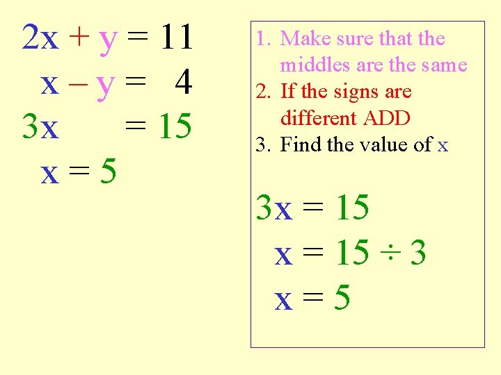 2 x + y = 11 x–y= 4 3 x = 15 x=5 1.