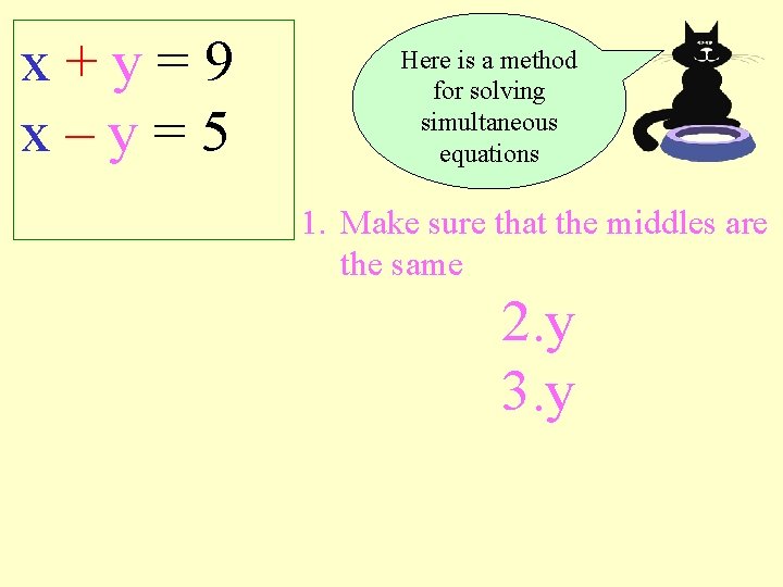 x+y=9 x–y=5 Here is a method for solving simultaneous equations 1. Make sure that